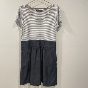 Outback Red Striped Blue White Chambray Pockets Side Zip Short Slv Dress Size 14